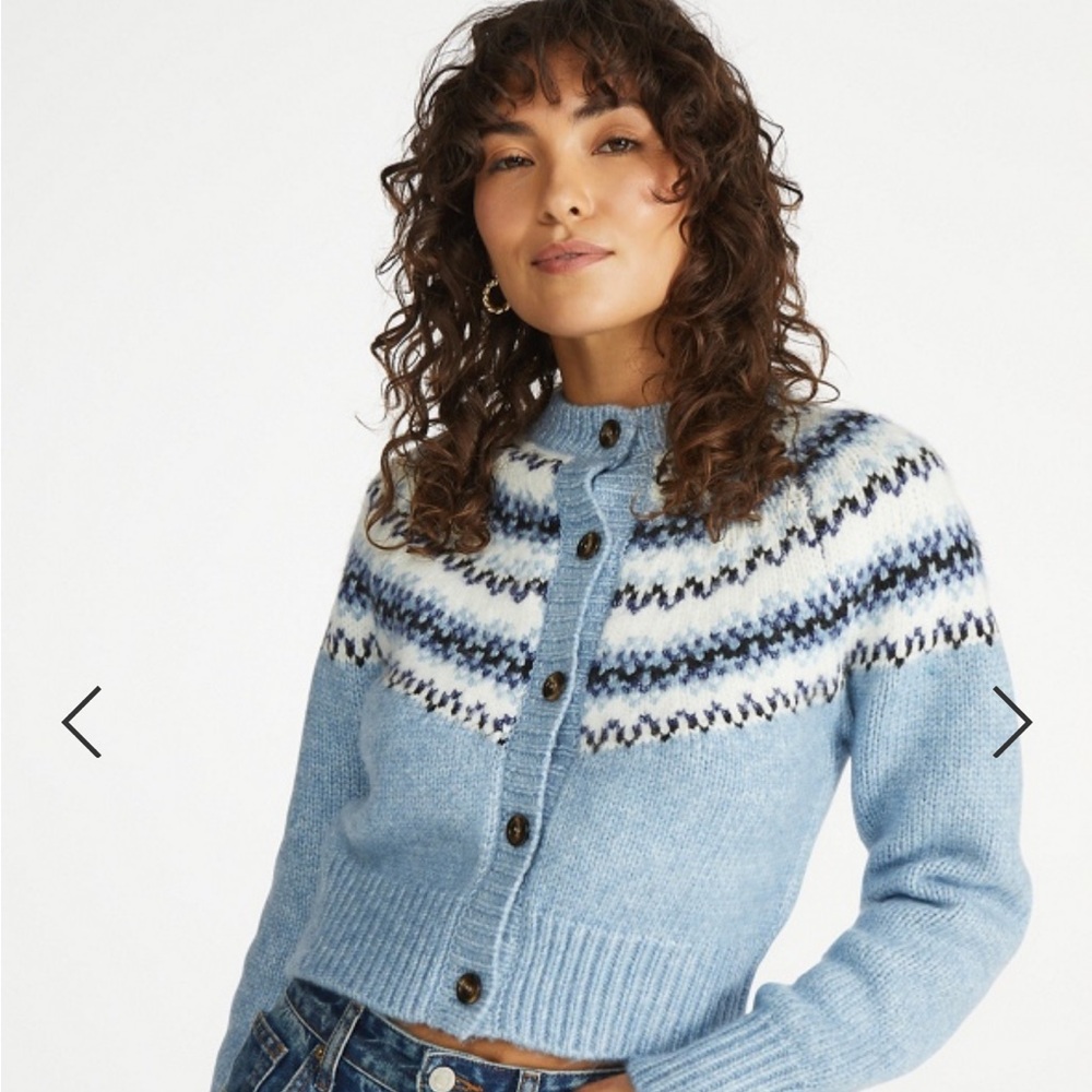 JustFab Blue and White Cardigan Sweater with Cozy Knit and Long Sleeves